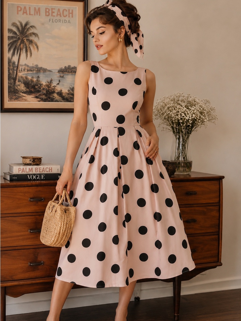 Blush Pink Black Polka Dot Fit & Flare Dress | Retro Vintage Inspired | Size L